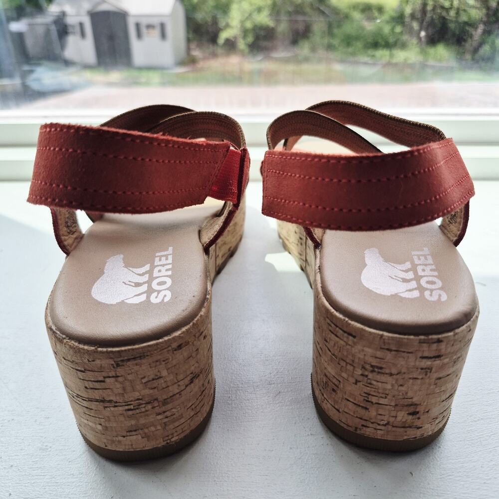 Sorel Cameron Flatform Sandals Womens 9 Orange Red Suede Cork Platform Slingback - Picture 4 of 9